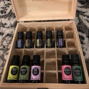 Variety of essential oils and wooden box